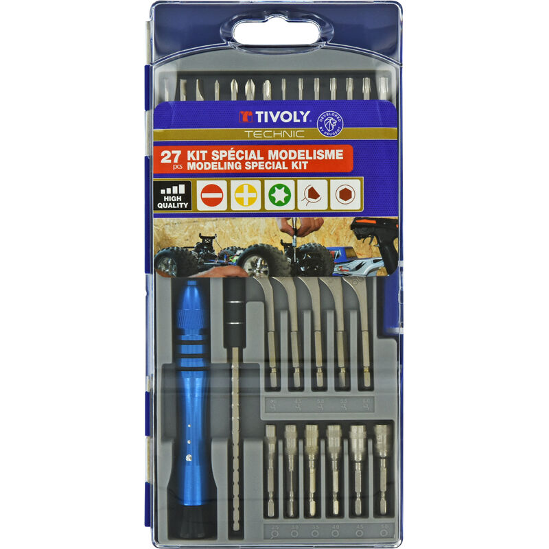 Tivoly - Coffret 27 pièces -14 embouts maquettisme + 5 clés + 6 noix de serrage + 1 rallonge + 1 porte-embout -precision