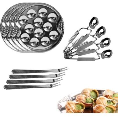 Coffret dégustation escargots, lot de 4 assiettes 12 pièces, fourchettes et pince inox 19 cm argent
