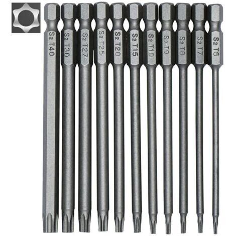 Coffret d'embouts Torx longs  11 pièces pour tournevis et visseuses électriques - Embouts magnétiques - Entraînement hexagonal 1/4" - Tailles T6 à T40 - Longueur 100 mm