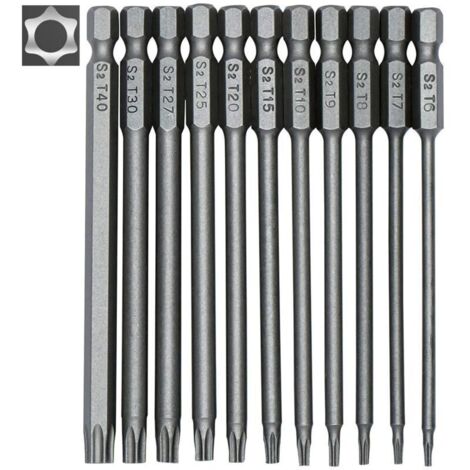 Coffret d'embouts Torx longs Ulisem 11 pièces pour tournevis et visseuses électriques - Embouts magnétiques - Entraînement hexagonal 1/4" - Tailles T6 à T40 - Longueur 100 mm
