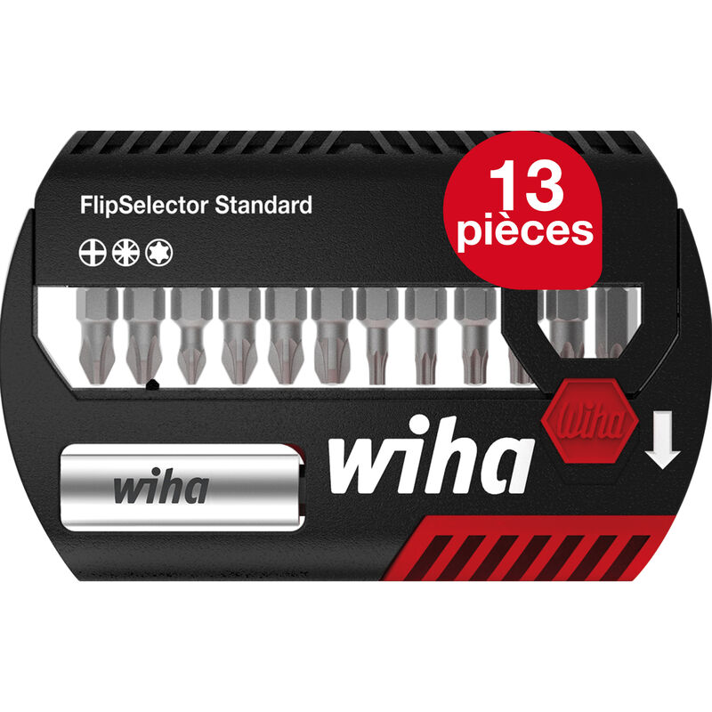 Wiha - Jeu d'embouts FlipSelector 13 pièces i Avec clip de ceinture i Standard 25 mm cruciforme, Pozidriv, torx® i Porte-embout magnétique i 1/4