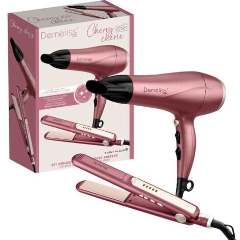 Coffret Demeliss Lisseur Instant Ceramic et Sèche-Cheveux 2200W Cherry