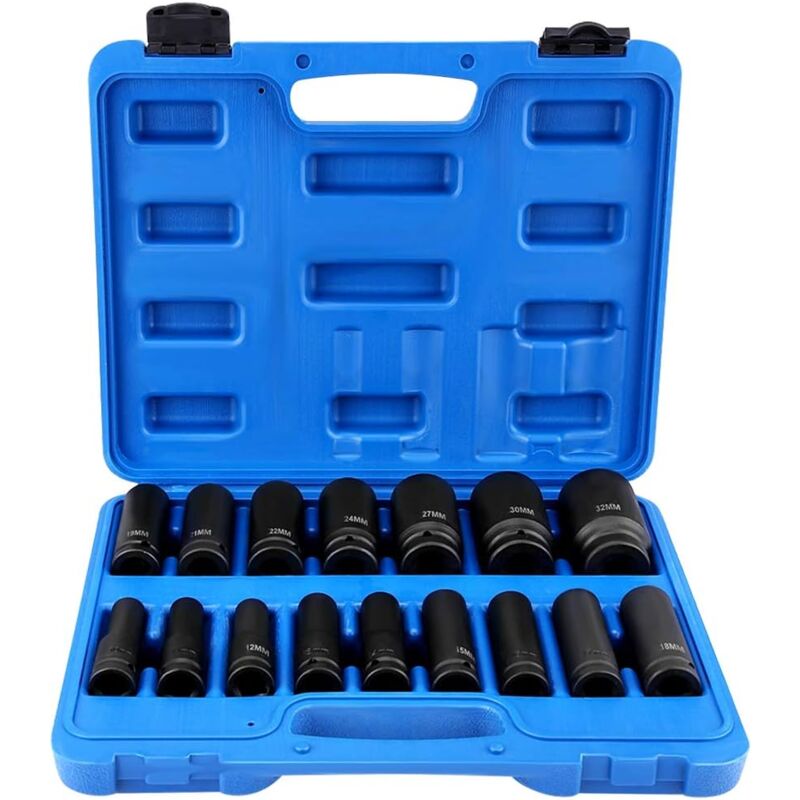 Coffret Douille Poids Lourd, Douilles pour cle a Choc, Douille Choc Longue, Douilles a Chocs de 16 Pièces 1/2"pouce, Coffret Douille Choc pour la