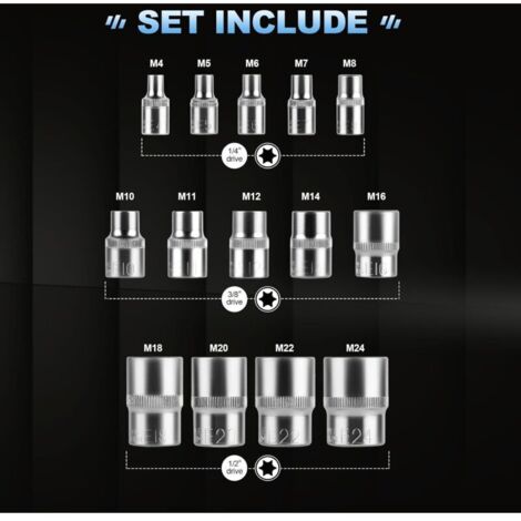 Coffret Douille Torx Femelle 1/4" 3/8" 1/2", Douille de Profilés E Torx E4, E5, E6, E7, E8, E10, E11, E12, E14, E16, E18, E20, E22, E24 avec Boîte No