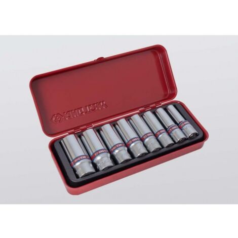 Coffret douilles longues 3/8' 8 pièces SAE – Dimensions 7/16' à 13/16' – Acier au chrome vanadium pour durabilité – Pour travaux mécaniques – King Tony