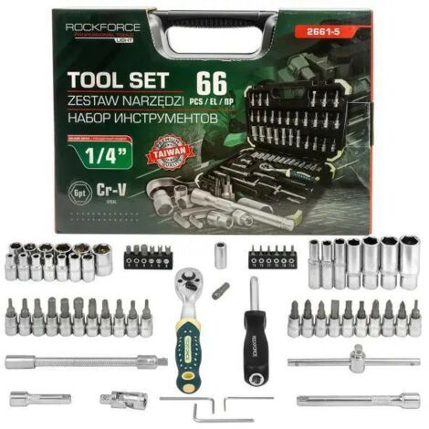 Coffret d'outils 66 pièces 1/4", cliquet 6 pans 4-14 mm, douilles, embouts Rockforce