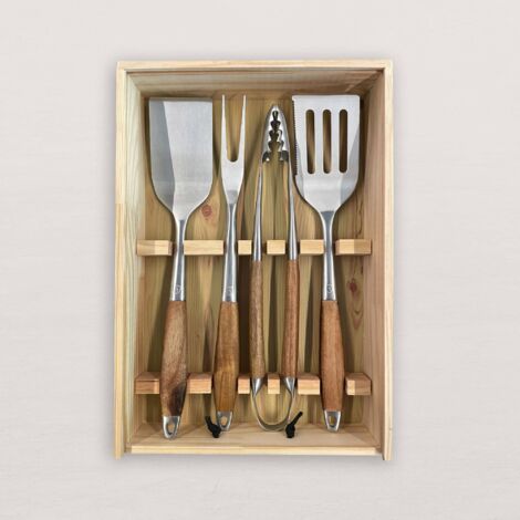 Coffret d'ustensiles inox et bois pour plancha