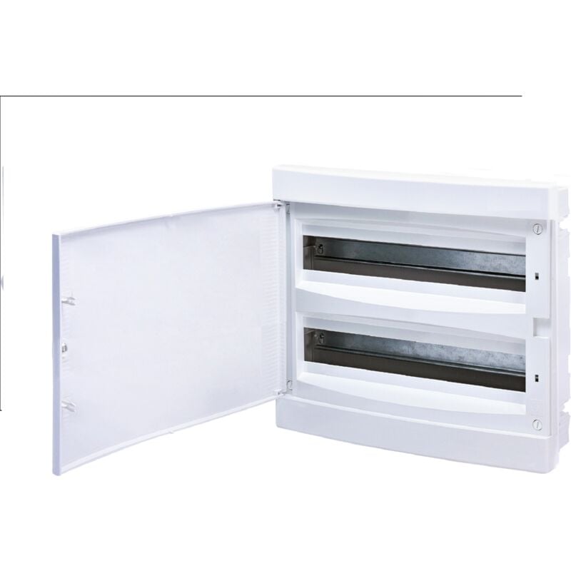 Coffret électrique encastré 18 modules sur 2 rangées ( 2 x18 m ) avec porte pleine couleur blanc borniers de terre
