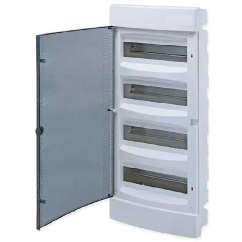 Coffret électrique encastre 4 rangées 52 modules avec porte translucide teintée et bornier de terre