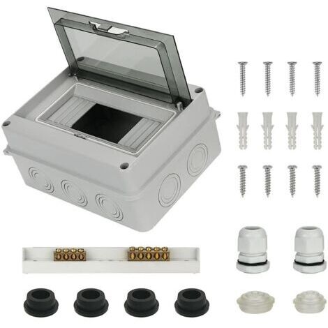 Coffret Électrique Étanche Éxterieur IP65, Boîtier de Distribution 8 Modules, Coffret Modulaire avec Bornier Laiton, Rail DIN, Presse Étoupes Étanche, Bouchon en Silicone Étanche et Bouchons Cache