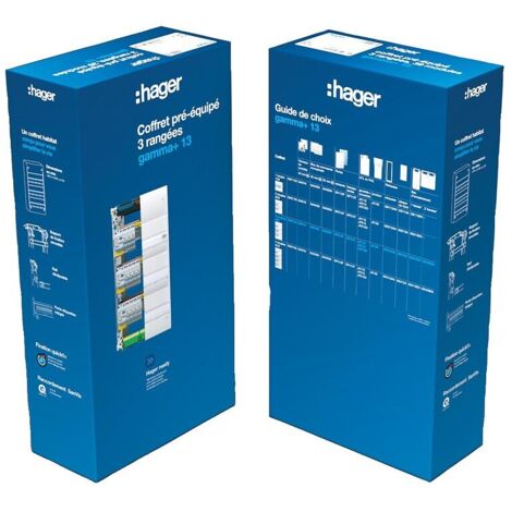 Hager – Coffret électrique pré-équipé 3 rangées – Capacité 39 modules – Interrupteurs 2P 40A 30mA type A – Disjoncteurs 1P+N 3kA C-10A
