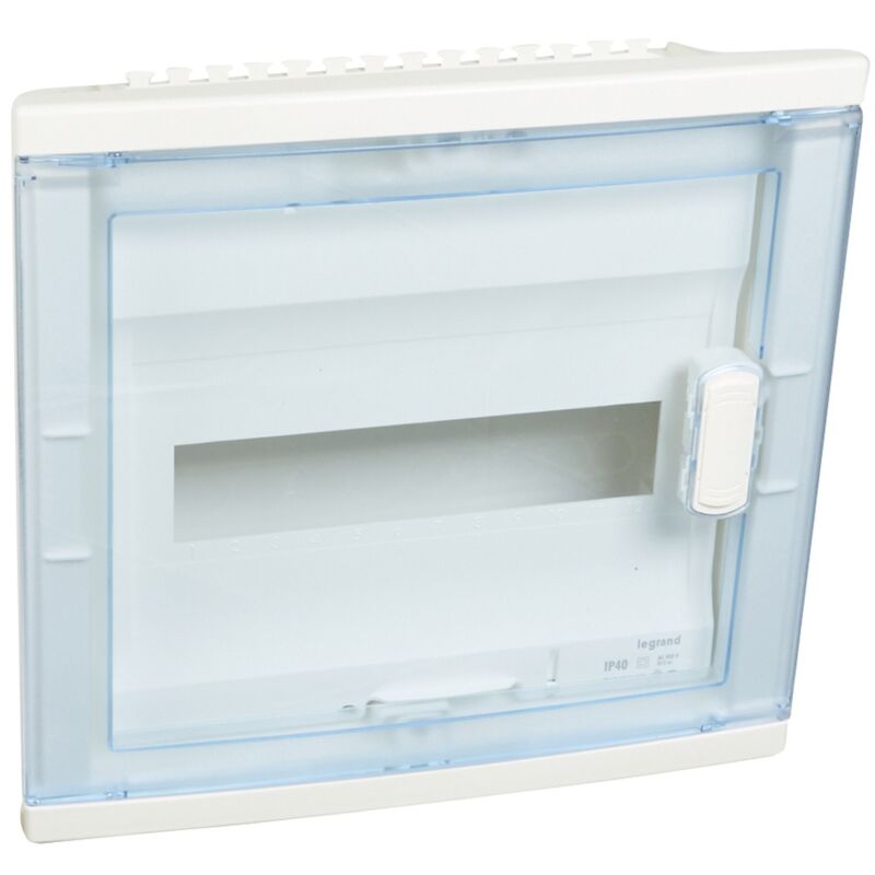 Coffret modulaire encastré 1 rangée 12+2 modules avec porte isolante galbée transparente Legrand 001521