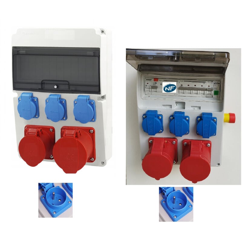 Coffret étanche 3 prises 2P+16A + 2 Prises 5X32A cee + Inter Diff 4x40A/30ma + disjoncteur 2x16A et 4x 32 et arrêt d'urgence