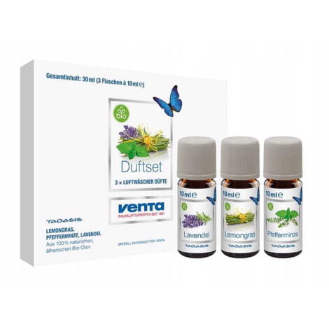 Coffret exclusif Venta Taoasis n°2 d'huiles essentielles bio (3 flacons de 10 ml) : citronnelle, menthe poivrée et lavande.