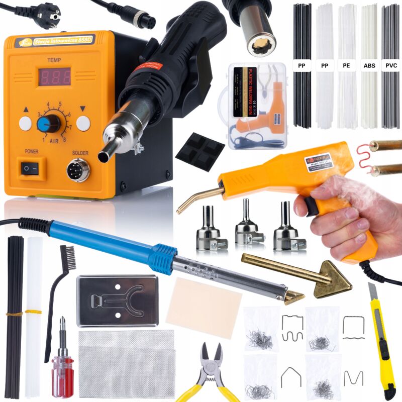 Set saldatore ad aria calda Rosfix 858D + Saldatore Blue Lark 80W BL80W con set di accessori + Kit Prowelder Mini + Cucitrice in plastica + 200