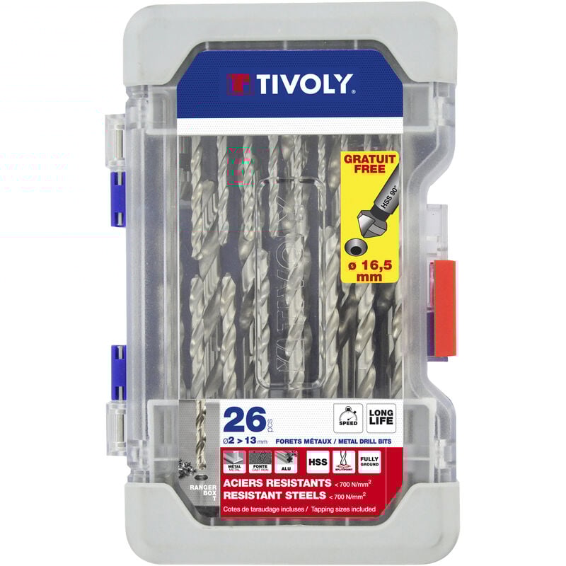 Finish - Tivoly • Coffret Ranger 26 pièces -25 forets métaux hss taillés meulés pointe en croix ø 2 à 13mm + 1 fraise à noyer hss ø 16,5mm