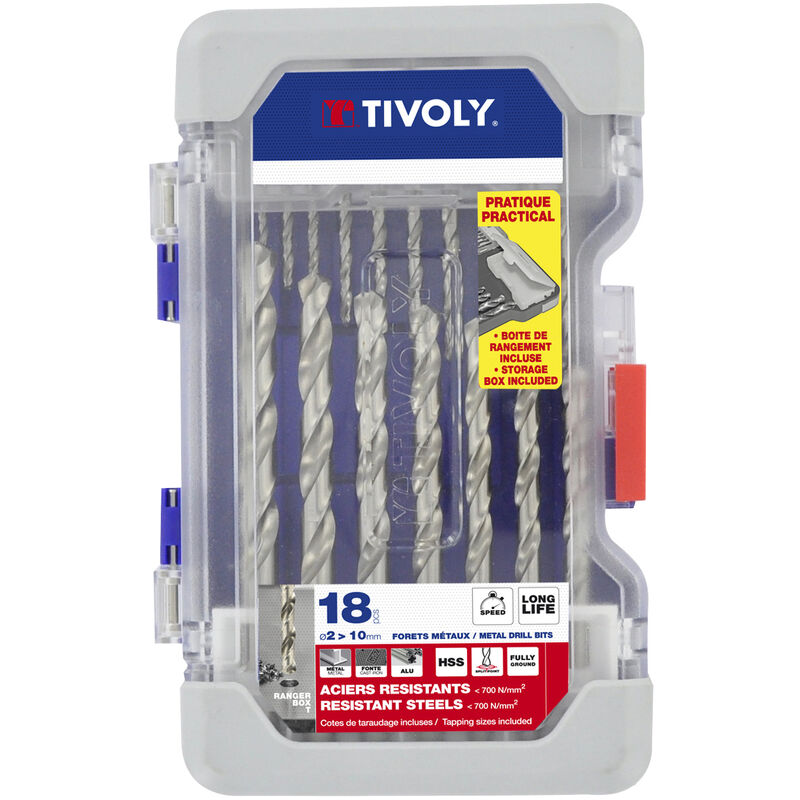 Finish - Tivoly • Coffret Ranger 18 forets métaux hss taillés meulés pointe en croix ø 2 à 10mm