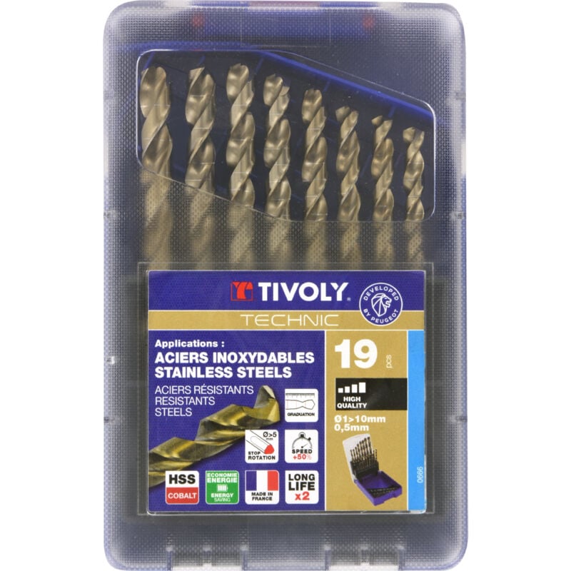 Tivoly - Coffret • 19 Forets Métaux HSS-E5 (Cobalt 5%) Auto-Centrants & Gradués • Ø1mm à Ø10mm