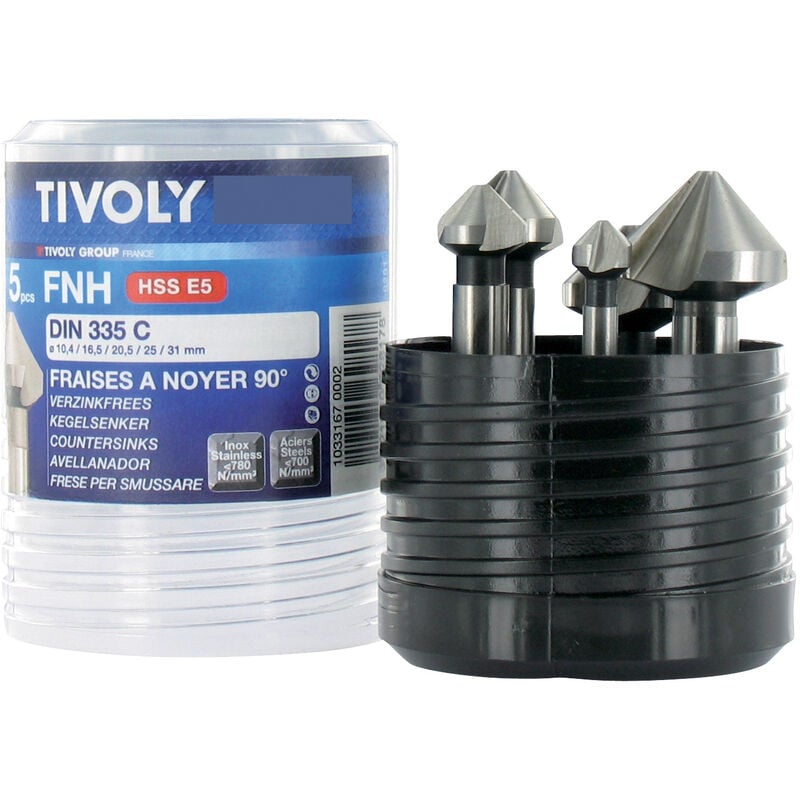 Tivoly - 5 Fraises à Noyer 90° HSS-E5 (Cobalt 5%) • Ø10,4mm / Ø16,5mm / Ø20,5mm / Ø25mm / Ø31mm • Pour Usinage d'Aciers Résistants • Pour Usinage de