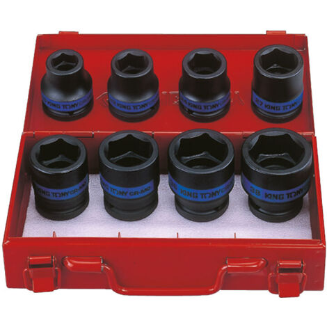 Coffret de 8 douilles à choc 3/4 pouces 6 pans – Dimensions 19 à 38 mm – Métallique pour clés à impact – Performance professionnelle – King Tony