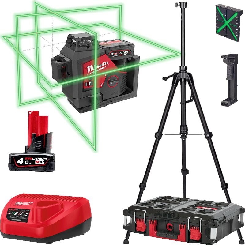 Coffret Laser Vert niveau 3 lignes 360° Kit complet avec support, cellule, trépied, batterie, chargeur et rangement Milwaukee