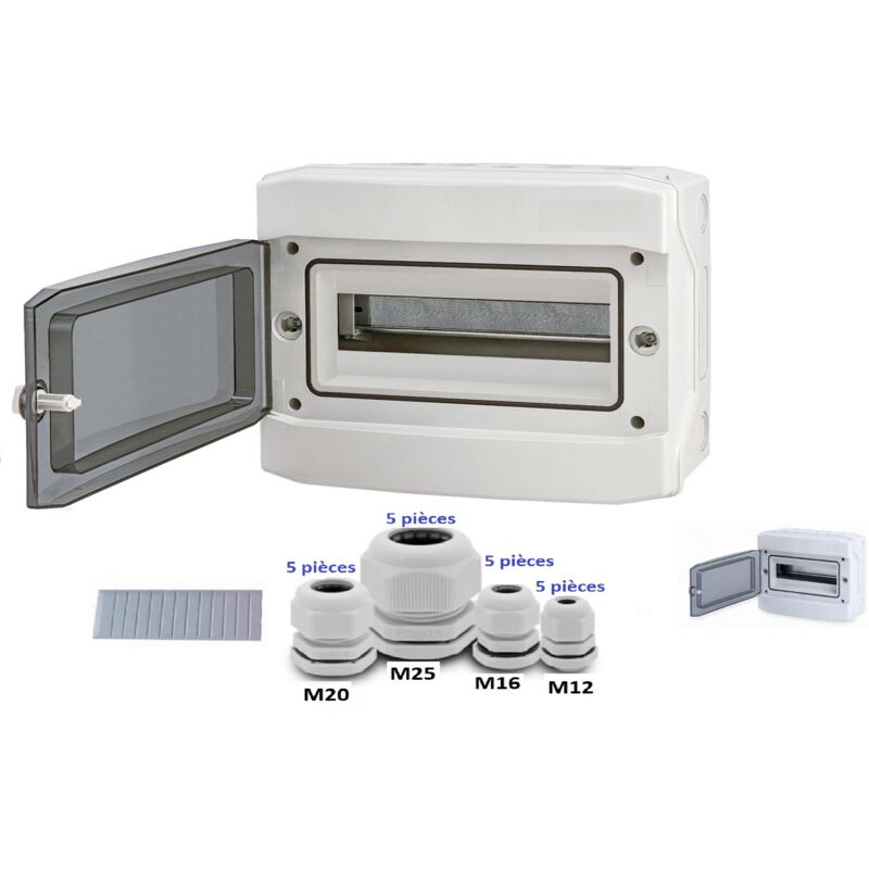 Coffret électrique étanche 12 modules apparent IP65 + borniers et 20 Presses-étoupe