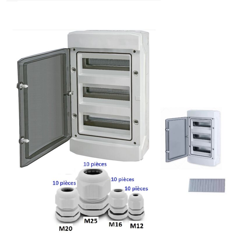 Coffret électrique étanche 3 rangées de 12 modules apparent IP65 + borniers et 40 Presses-étoupe