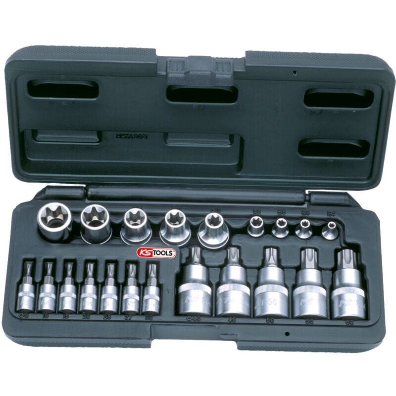 Coffret mâle/femelle torx®, 1/4'' - 1/2'' - E4 à E20 - T8 à T60 - 21 pcs