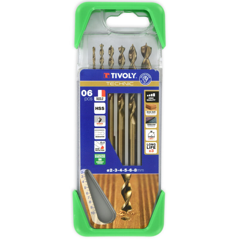 Tivoly - Coffret de 6 Forets Bois Technic Gradués contenant les Ø2-3-4-5-6-8mm
