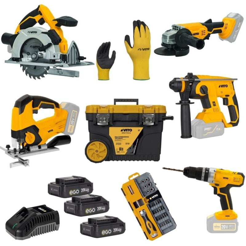Vito - Coffret 7 Outils sans fil 20V + 3 Batteries lithium 2,0Ah + Chargeur rapide + Coffret Vissage + Gants ego li