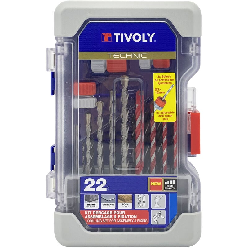 Tivoly - Coffret Ranger 22pcs, Forets Carrelage, Béton, Bois et 3 butées de profondeur pour forets de Ø3 à 12mm