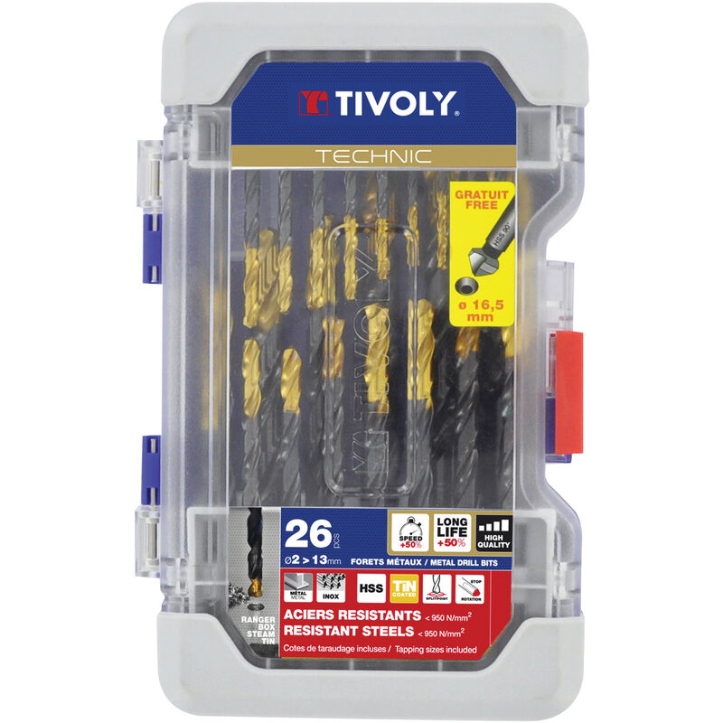 Tivoly • Coffret Ranger de 26 Forets Métaux Technic HSS Steam Tin contenant ø2 à 13mm