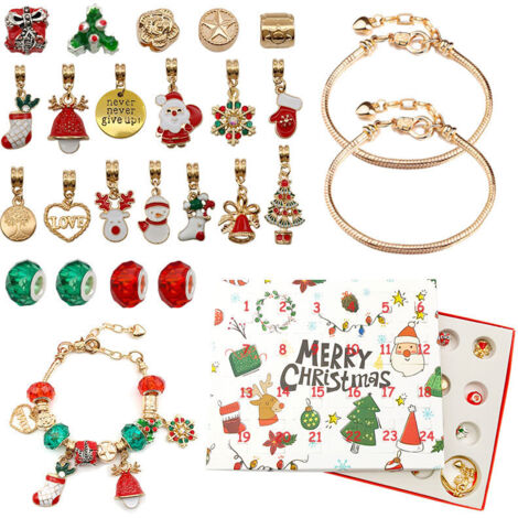 Coffret surprise de l'Avent avec 24 calendriers de compte à rebours dorés, coffret surprise DIY, bracelet créatif, bijoux, cadeau de Noël