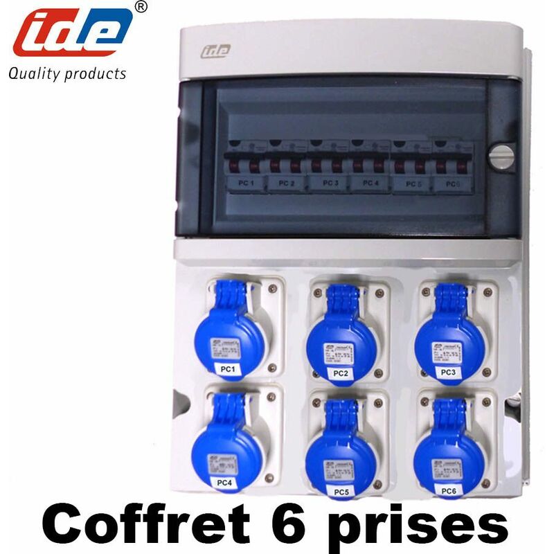 IDE - Coffret étanche 6 prises cee P17 étanche IP44 sans disjoncteur - Nbre de prise / Protection - 6 prises camping - Sans disj. différentiel