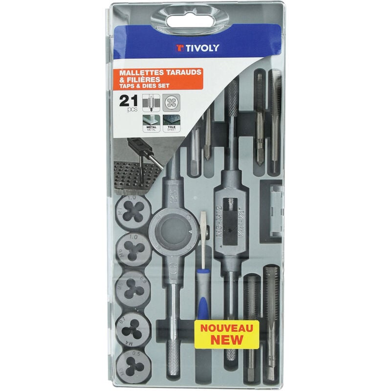 Tivoly - Coffret 21 pièces -9 tarauds M3 à M12 + 9 filières M3 à M12 + 1 tournevis + 1 porte-taraud + 1 porte-filière