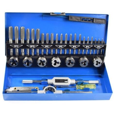 Coffret tarauds et filières 32 PCS HSS Jeu de tarauds et matrices Clés métriques coupées M3-M12 Outil de filetage à la main Taraud en carbure de tungstène