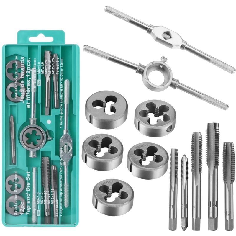 Coffret Tarauds et Filières Métrique 12 Pièces M3-M12 en Acier Kit Tarauds à Goujure Filières de Filetage Extracteurs de Vis pour Métaux, Réparation
