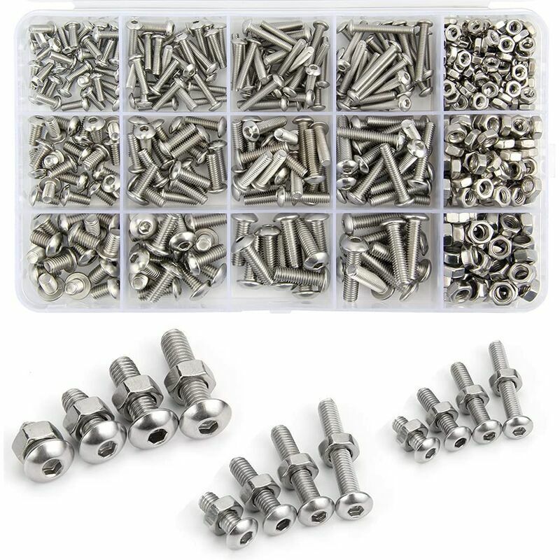 Coffrets de Boulons et Écrous M3 M4 M5 en Acier Inoxydable 304 - 500 Pièces - Bouton à Tête Hexagonale - Vis avec Boîte de Rangement