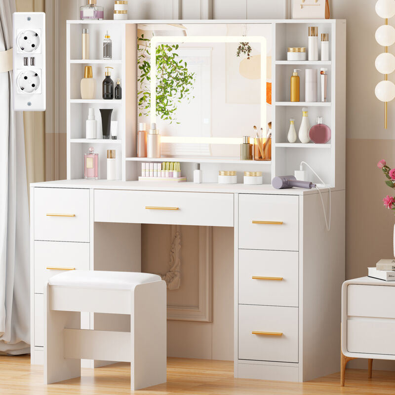 Coiffeuse 100 × 40 × 140 cm, avec Ports USB et Prises, LED Réglable, Miroir et Tabouret, 7 Tiroirs de Rangement, Blanc