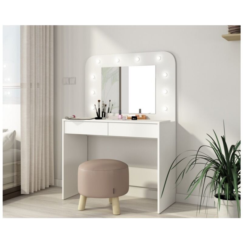 Table de toilette 100x142 cm blanc mat avec miroir et lumières led - Sun