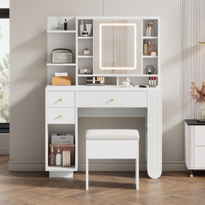 Coiffeuse 100x40x138 cm, avec miroir éclairé par led, 3 tiroirs, étagères ouvertes, tabouret, pour chambres et dressings - Blanc