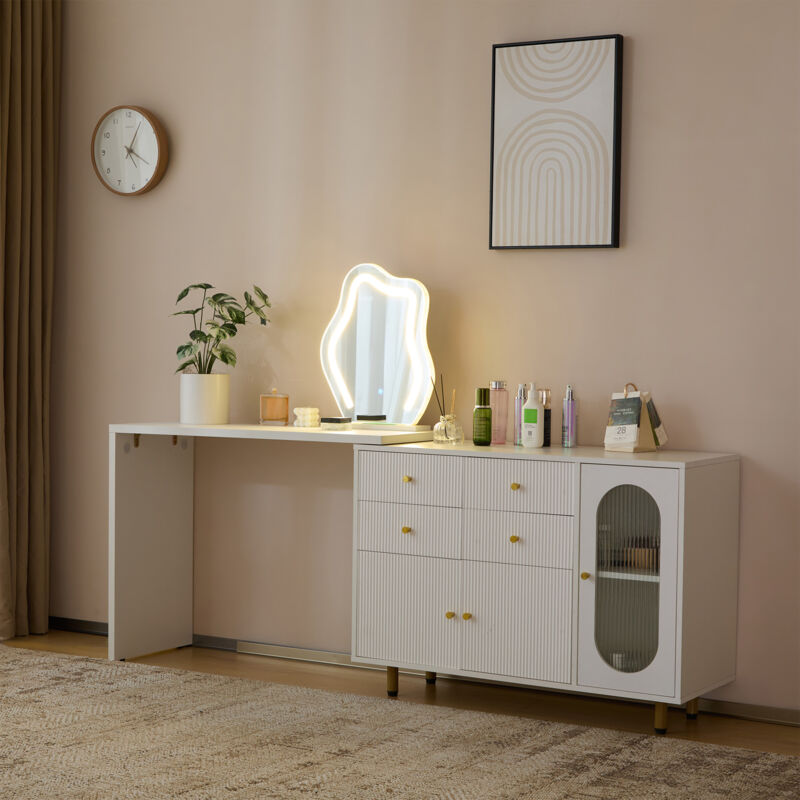 Coiffeuse 100x74.5x40cm - avec un armoire et miroir led 3 couleurs - plateau de table extensible et interchangeable - Blanc