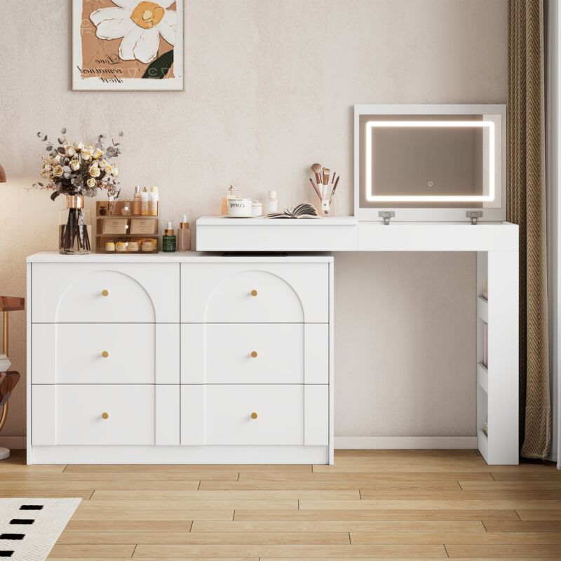 Eifson - Coiffeuse 105x40x80 cm, avec miroir éclairé par led, 7 tiroirs, étagères latérales ouvertes, design pivotant, poignées dorées, convient pour