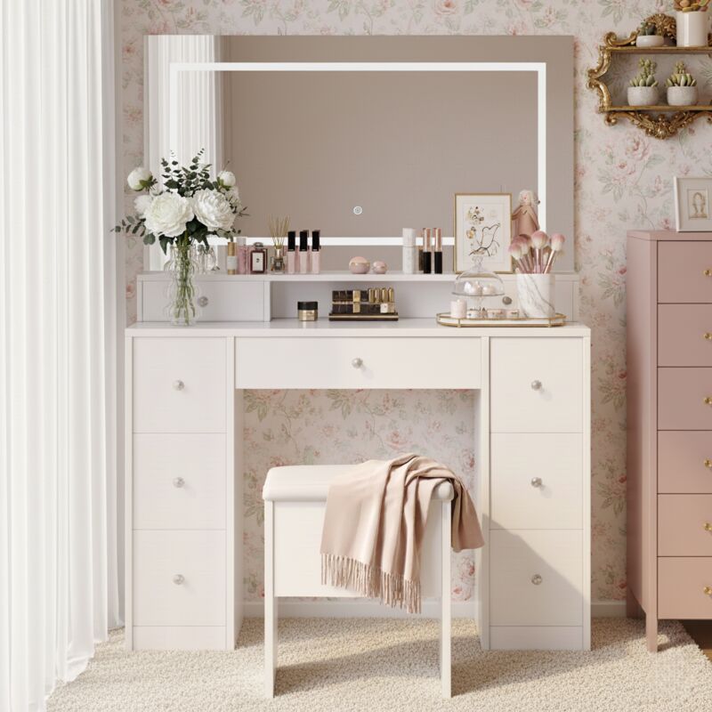 Coiffeuse 110x40x150 cm avec éclairage LED réglable 3 couleurs, commutateur tactile et grand espace de rangement, idéale pour chambre ou salle de