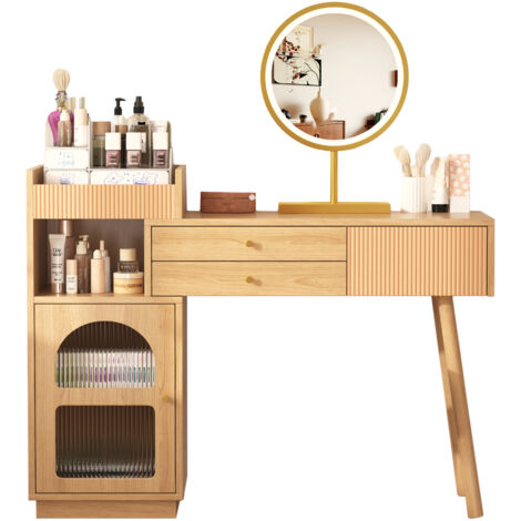 Coiffeuse 120x40x90 Cm En Panneau E1 Couleur Naturel, Miroir Inclinable Avec LED Tricolore Dimmable