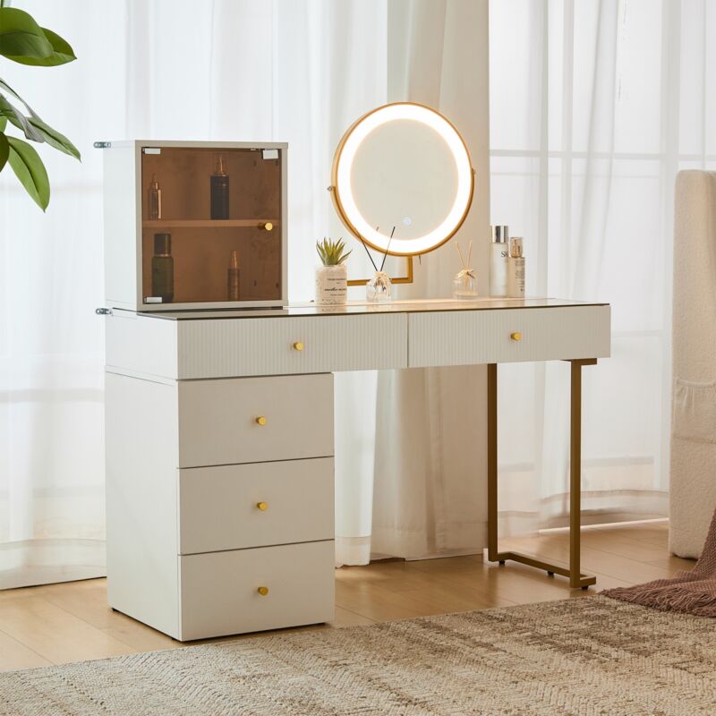 Coiffeuse 120x45x115 cm, avec miroir éclairé par led, 4 tiroirs, meuble, plateau en verre trempé transparent, convient pour chambre et dressing