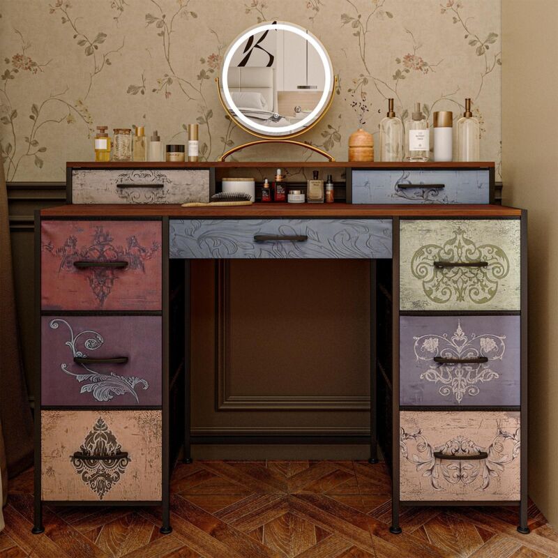 Coiffeuse 121x40x91 cm, buffet, 9 tiroirs, plateau en bois, style bohème, commode, bureau, meuble de salon en bois - Multicolore