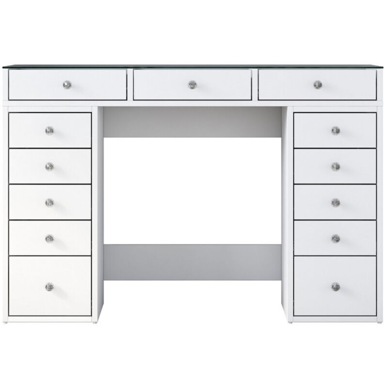 Drawer – Coiffeuse 13 tiroirs avec plateau en verre 120cm – Mélaminé et verre – 6 compartiments ouverts pour rangement organisé