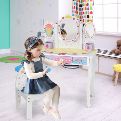 Coiffeuse 2 en 1 Bureau pour Enfants avec Miroir Amovible 3 Tiroirs 2 Boîtes de Style Princesse pour Filles Blanc Maison Chic