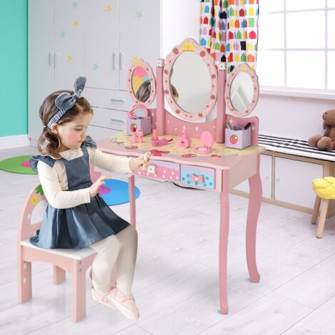 Coiffeuse 2 en 1 Bureau pour Enfants avec Miroir Amovible 3 Tiroirs 2 Boîtes de Style Princesse pour Filles Rose